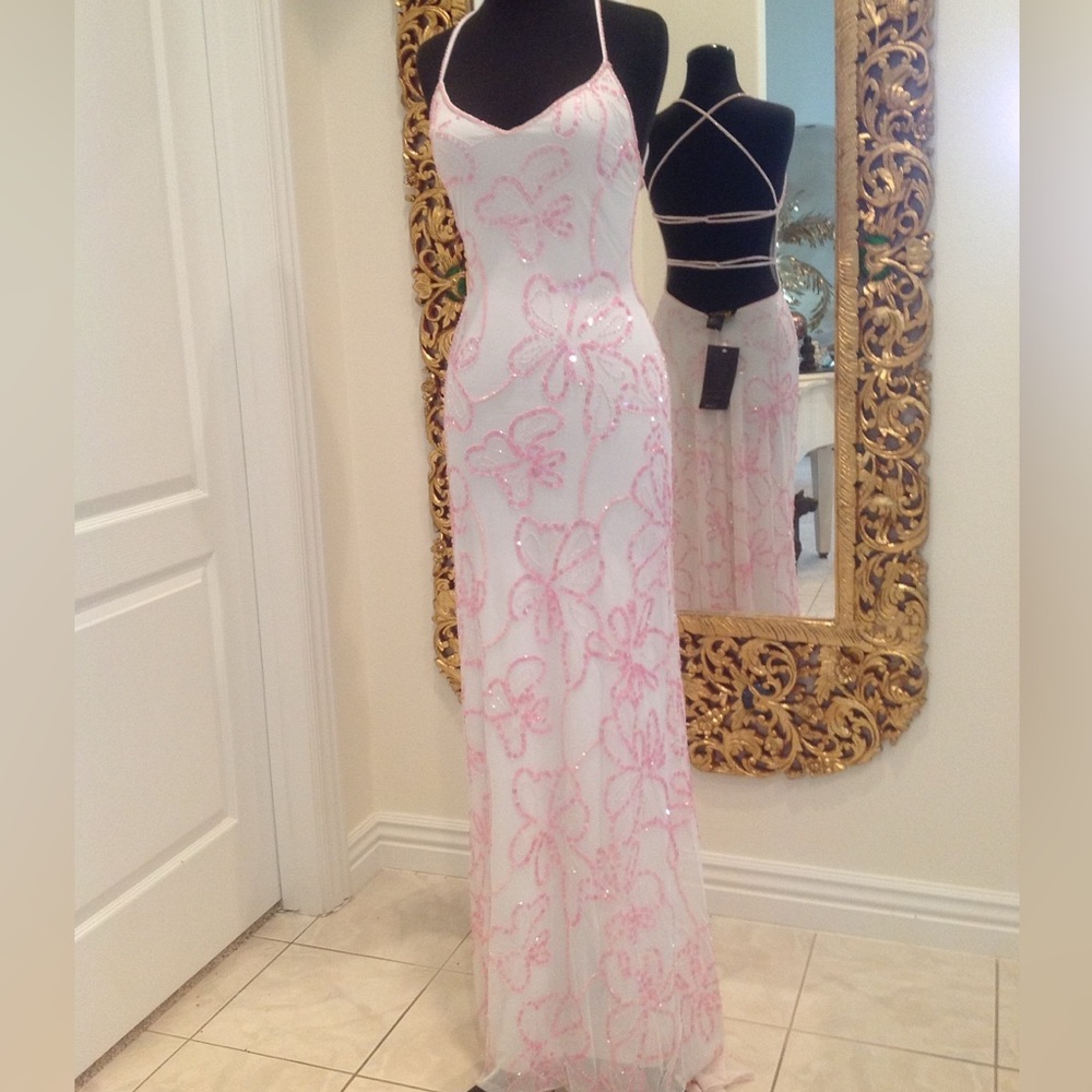 New Attitudes by Debra hand beaded on power, mesh, Elegant Pink Floral Gown
